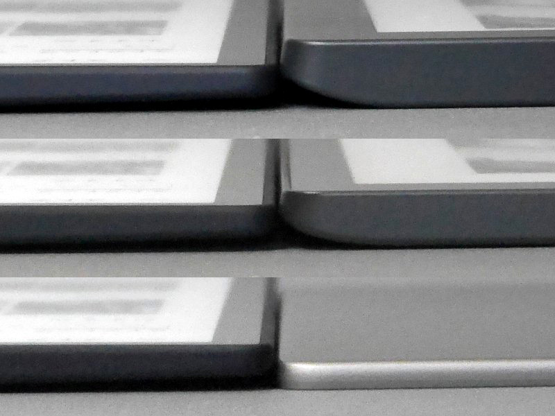 厚みの比較(画面側)。左が本製品、右が上から順にKobo Aura H2O Edition 2、Kobo Aura ONE、Kindle Oasis。さすがにKindle Oasisには劣るものの、十分に薄い