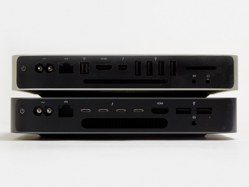 Mac mini Mid 2011と背面の違い。Mid 2011のUSBは2.0(Late 2012以降は3.0)。懐かしのIEEE 1394がある。電源ボタン、AC入力、Gigabit Ethernetは同じ位置に。Late 2018の放熱用スリットは大き目