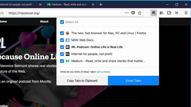 共有するタブを選択する画面
