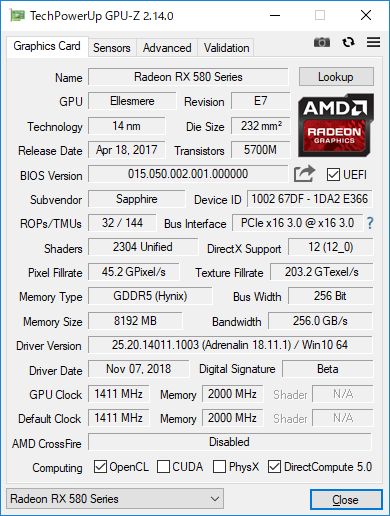 SAPPHIRE NITRO+ RADEON RX 580 8G GDDR5 OCのGPU-Z実行画面