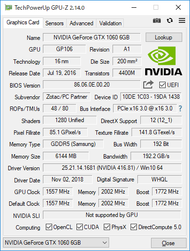 ZOTAC GeForce GTX 1060 6GB AMP EditionのGPU-Z実行画面