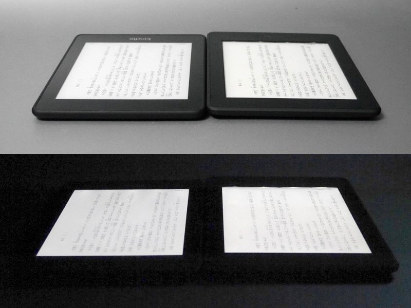 フロントライトのLED数が増えたことでムラが減少した。左が本製品、右が従来モデルだが、暗い場所(下)はもちろん明るい場所(上)でも見えていた画面下の光源が、本製品では見えなくなっている