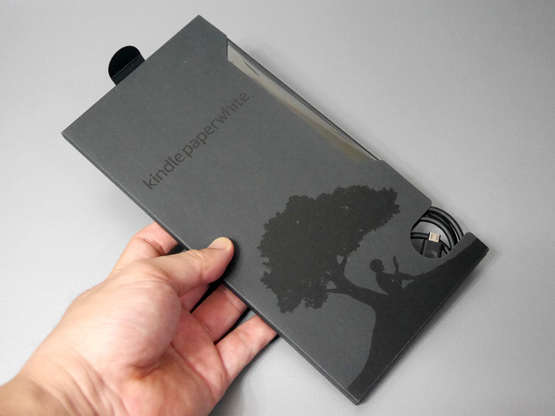 中箱ごと抜き取り、その側面から本体や付属品を抜き取るという凝った仕様。Kindleではおなじみ、樹木と人のシルエットの箔押しもみられる