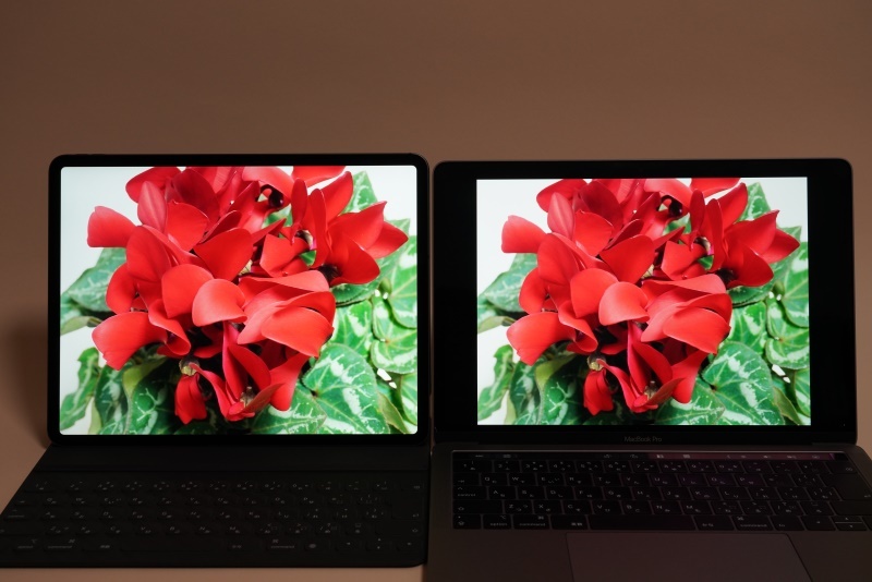 左がiPad Pro、右がMacBook Pro。環境光に合わせて色味を調整するTrue Toneディスプレイを有効にすると、iPad ProとMacBook Proの色調はほぼ一致する。iPad Proが600cd/平方m 、MacBook Proが500cd/平方mという輝度の差は並べて見ても正直ピンとこなかった