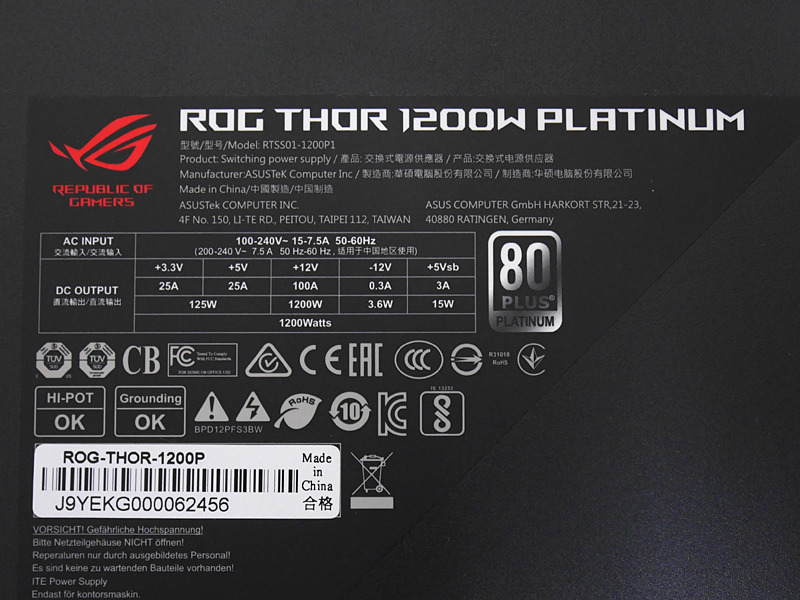 1,200Wモデルの各ラインの出力