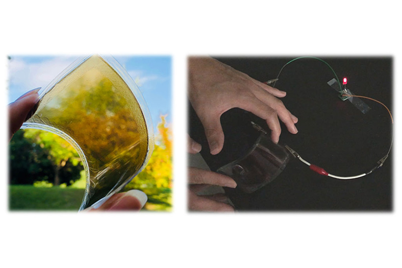 透けて曲がる電池とLED点灯の様子