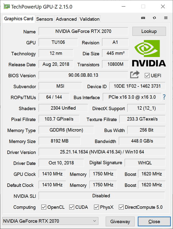 GPU-Zから見ると、動作クロックはRTX 2070の定格。Founders Editionより若干低い