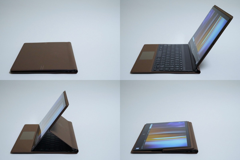 フォリオモード(左上)、ノートブックモード(右上)、メディアモード(左下)、タブレットモード(右下)に変形できる