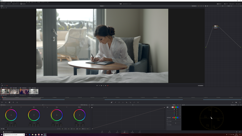 右下のベクトルスコープを見ながら、彩度を上げる