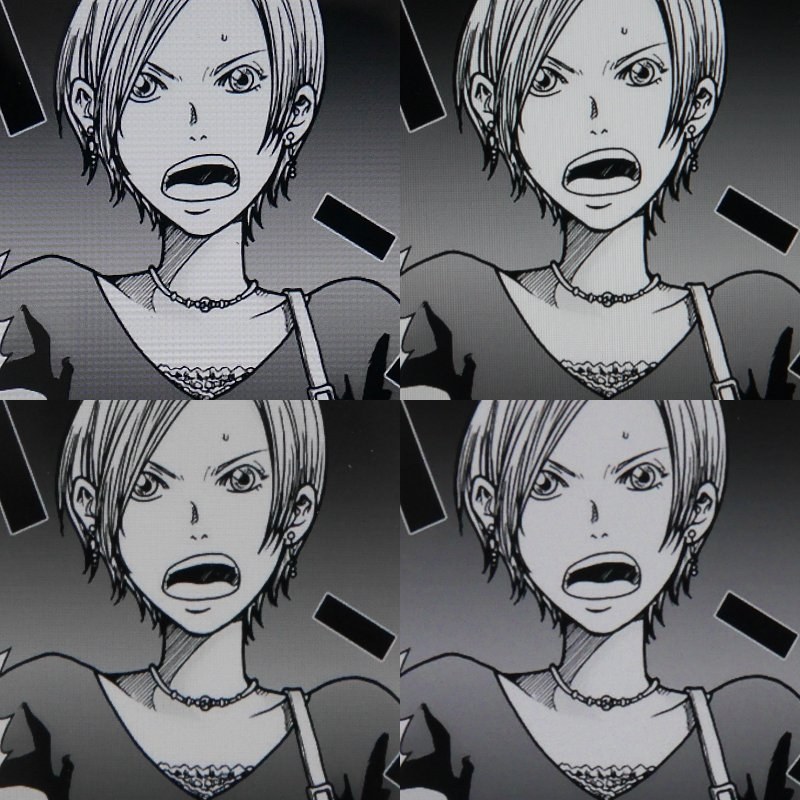 コミックの画質比較。上段左が本製品(224ppi)、上段右がFire HD 10(224ppi)、下段左が11インチiPad Pro(264ppi相当)、下段右がiPad mini 4(326ppi)