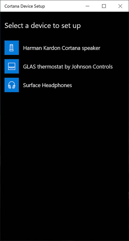 UWPアプリの「Cortana Device Setup」でデバイスの設定を行なう。北米などで販売されているCortanaスピーカーなどと同様のセットアップが可能