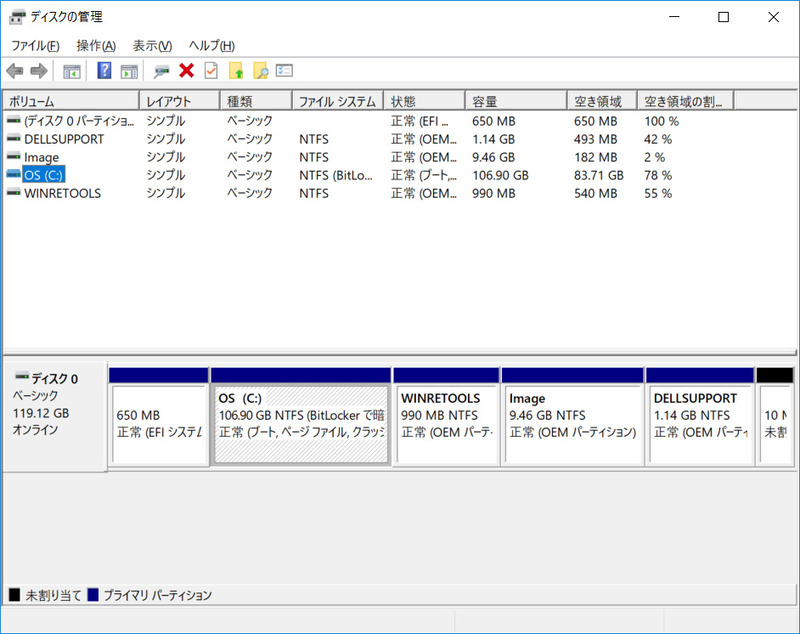 ストレージのパーティション。いろいろ細かいパーティションがあるものの、実質Cドライブのみ。約106.9GBが割り当てられ、BitLockerで暗号化されている