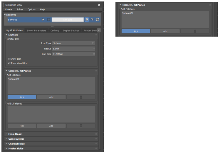 ダイアログウインドウ内のAdd Colliders(コライダーを追加)内の[Pick(ピック)]をクリックしてシーン内の球体をクリック