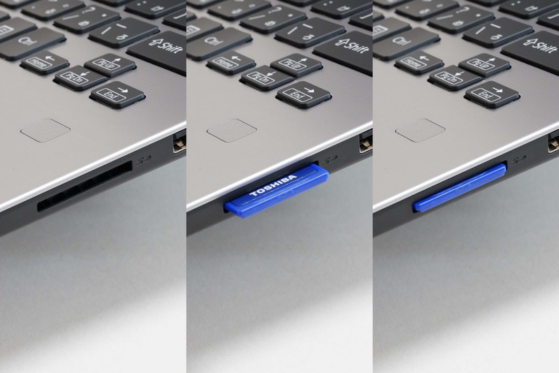 プッシュイン・プッシュアウト方式のSDメモリカードスロットを装備。microSDメモリカードスロットの採用例が多いなか、実用性を考慮してフルサイズのSDメモリカードスロットを搭載していることは高く評価したい