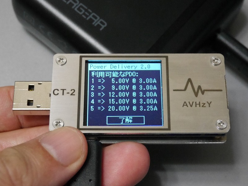 利用可能なPDO。最大65Wまで対応する。本体の表示とは同一だ