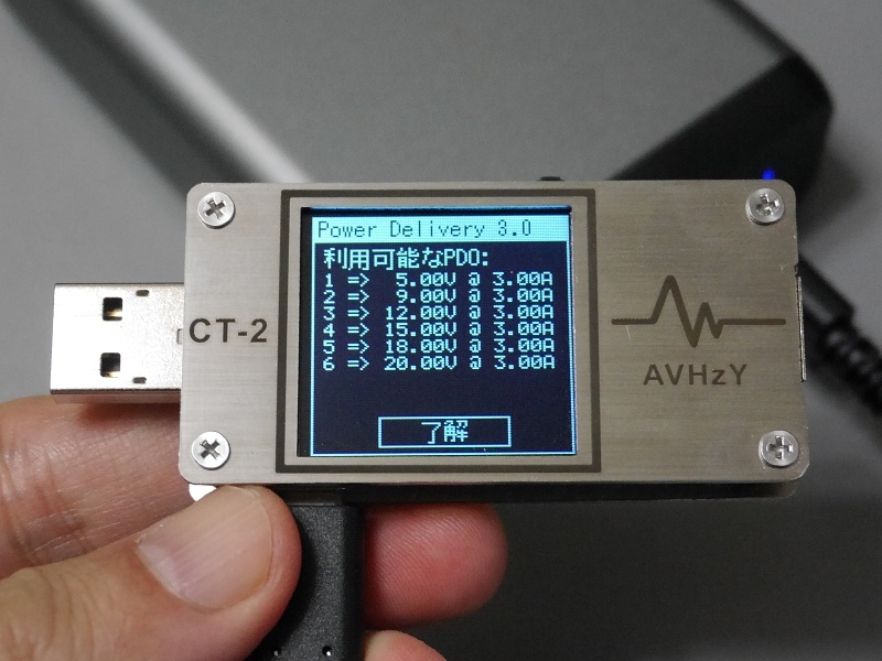利用可能なPDO。最大60Wまで対応する。本体に記載のない12V/3Aも通知している