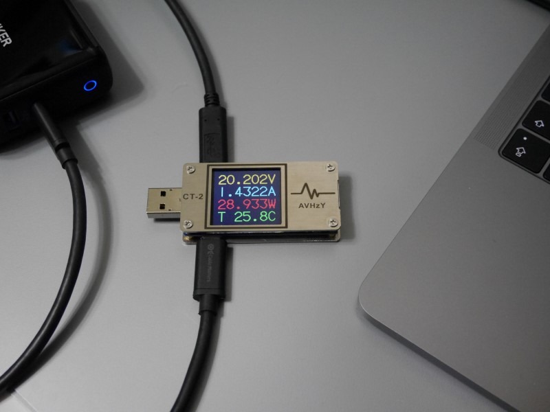 Anker「PowerPort ll PD」(最大30W)で測定中。28W前後(20V/1.4A)の値を示している