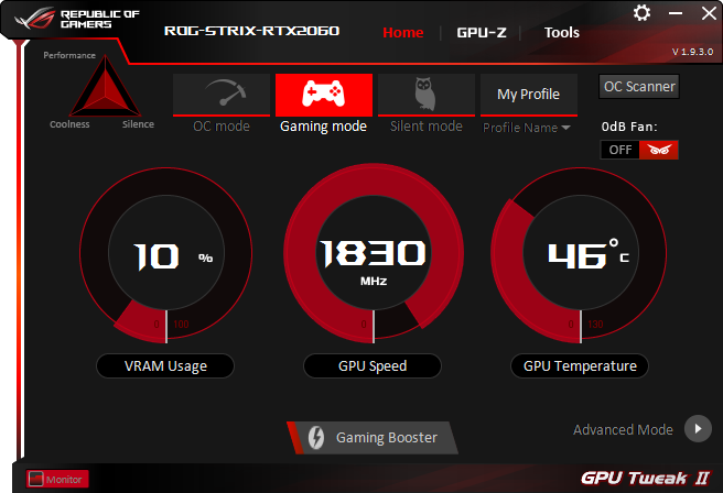 専用ユーティリティ「GPU Tweak II」。標準動作モードであるGaming Modeのほか、OC Mode、Silent Modeを選択できる
