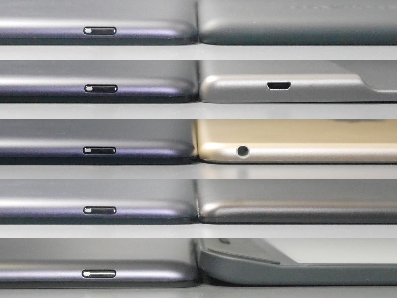 厚み比較。左はいずれも本製品、右は上から順に、Kindle Paperwhite、Kindle Oasis、iPad mini 4、BOOX NOTE、Kobo Forma。グリップのあるKindle OasisとKobo Formaについては、画面側の厚みでも比べてみてほしい