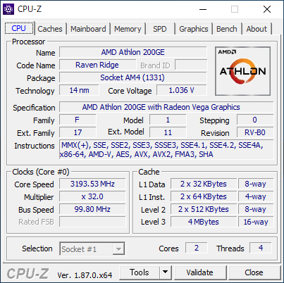 Athlon 200GEのCPU-Z実行画面