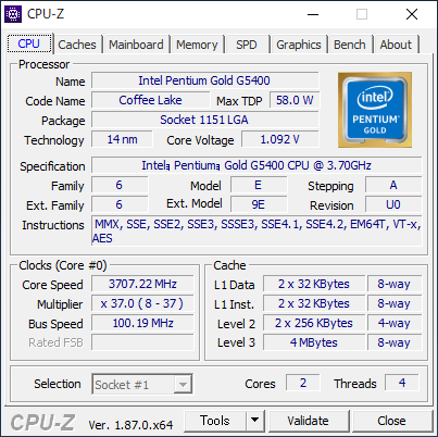 Pentium Gold G5400のCPU-Z実行画面