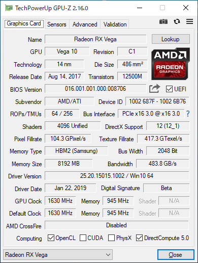 Radeon RX Vega 64のGPU-Z実行画面