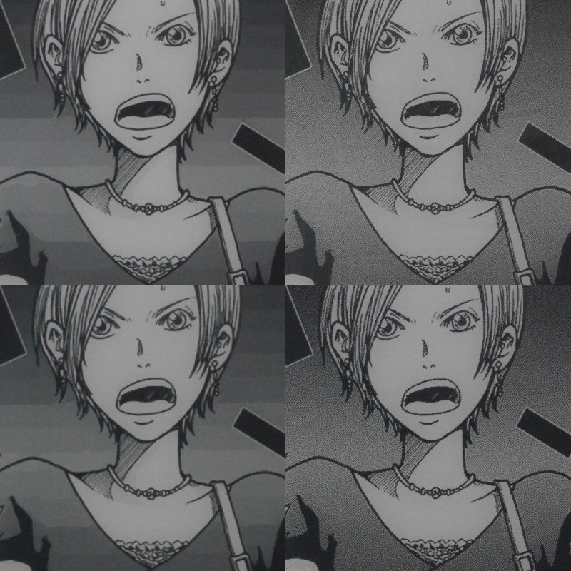 Kindleにおけるコミックの画質比較。上段が標準のモード、下段がA2モードで、いずれも左が単ページ表示、右が見開き表示。Kindleは標準のモードでの相性が悪いため(ページがめくられない場合がある)、原則A2モードを用いることになる