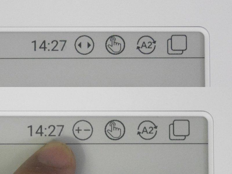 ページめくりと音量調整の切り替えは画面右上のアイコンをタップして行なう。音量調整モードにしないとページをめくれないアプリもあるので要注意だ