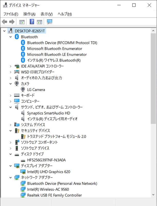 デバイスマネージャ/主要なデバイス。ストレージはSSD 256GBのHynix「HFS256G39TNF」。Wi-FiとBluetoothはIntel製。Type-C接続の10Base-T/100Base-TXはRealtek製