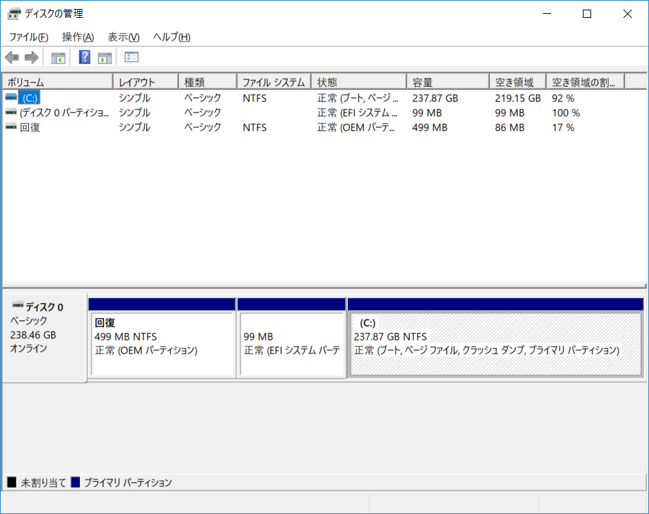 ストレージのパーティションはCドライブのみの1パーティションで約238GBが割り当てられている