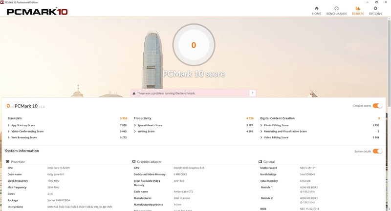 PCMark 10を実行してみたが、「Digital Content Creation」の「Rendering and Visualization Score」のテストが正常に動作せず、トータルスコアが0になってしまった。