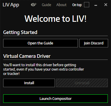 LIVの起動画面。初回起動時に仮想カメラのドライバをインストールする