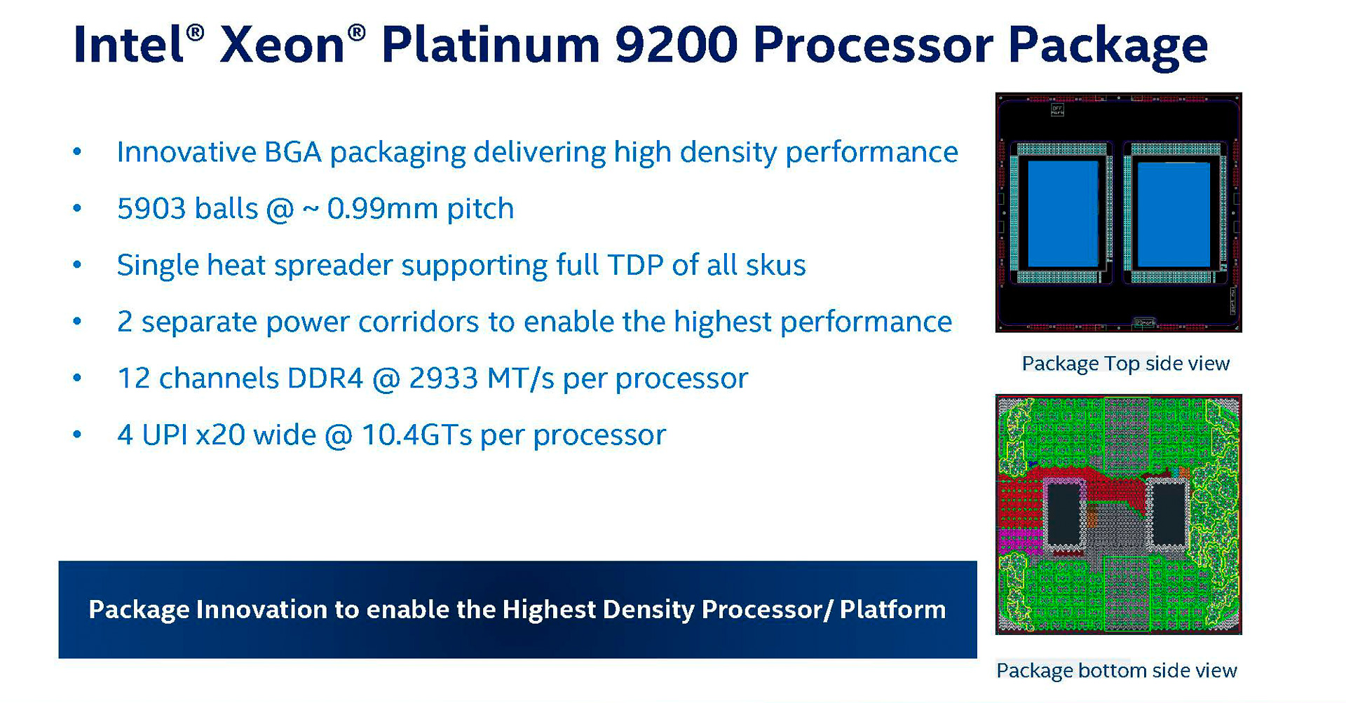 Xeon Platinum 9200のパッケージのスペック(出典: Intel Xeon Platinum 9200 Processors/Intel Server System S920 Product family/Intel Data Center Blocks、Intel Corporation)