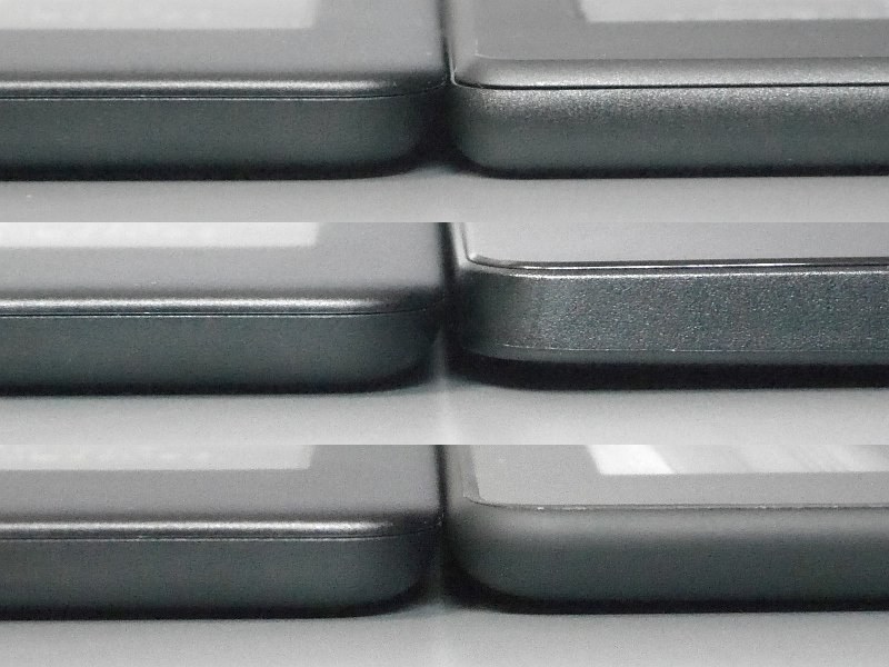 厚みの比較。いずれも左側が本製品で、右側は上段が第8世代モデル、中段が第7世代モデル、下段がPaperwhite(第10世代)。数値上はPaperwhite(第10世代)にわずかに負けているが、十分に薄型だ