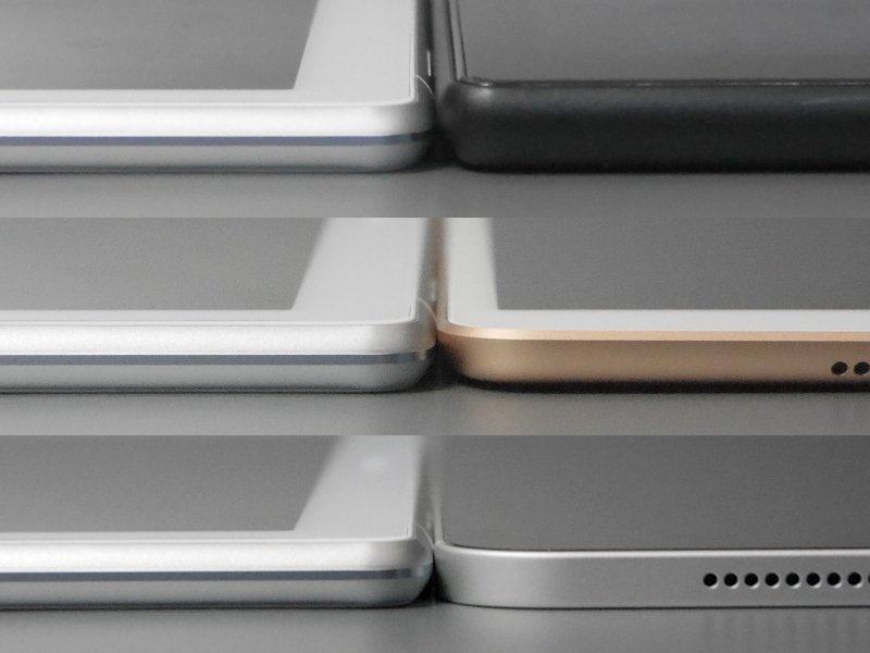 厚みの比較。左がいずれも本製品、右が上からFire HD 10、iPad Air(第3世代)、11インチiPad Pro。Fire HD 10との差は圧倒的だが、薄型を売りにするiPad Air(6.1mm)、iPad Pro(5.9mm)との比較ではさすがに分が悪い