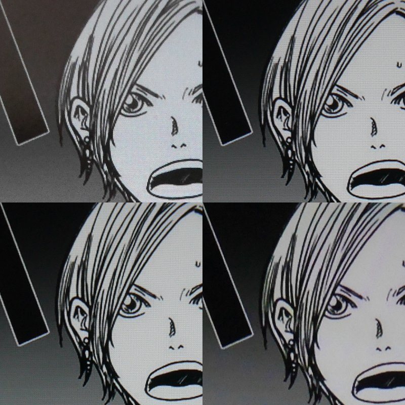 コミックの画質比較(見開きの状態)。上段左が本製品(224ppi)、上段右がFire HD 10(224ppi)、下段左がiPad Air(第3世代、264ppi)、下段右がiPad mini 4(第5世代、326ppi)。単体では気にならないが、こうして比較すると髪の毛の部分のギザギザ感などに違いが感じられる