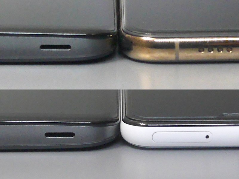 厚みの比較。いずれも左が本製品、右上がiPhone XS Max、右下がPixel 3(ちなみにPixel 3 XLの厚みはこのPixel 3と同じである)。本製品はラウンドフォルムゆえ端が薄くなっており、実際には1mmほど厚いにもかかわらず、端だけ比較すると逆に薄いように見える