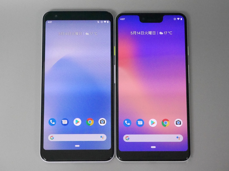 左が本製品、右がPixel 3 XL。上部のノッチの有無に目がいくが、筐体サイズもわずかに大柄なのが分かる