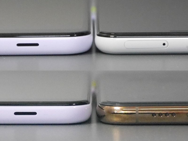 厚みの比較。いずれも左が本製品、右上がPixel 3 XL、右下がiPhone XS Max。厚みの差はわずかに見えるが、実際に持ち比べるとかなり違いを感じる