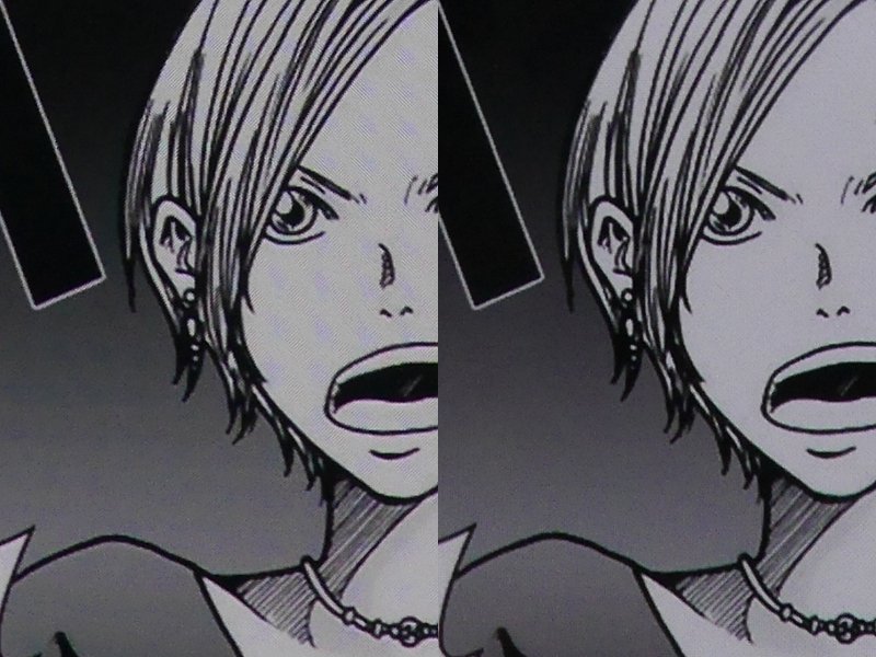 コミックの画質比較。左が本製品、右がPixel 3 XL。どちらも十分なクオリティで、斜め方向の線もしっかり描写されている