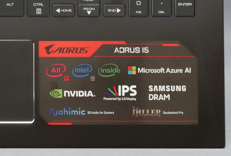 AORUS 15シリーズは、CPU、SSD、LAN、Wi-FiをIntel製で固めるとともに、Samsung製メモリモジュールの採用、LG製IPSパネル、NVIDIA製ディスクリートGPUなど、ブランドを特定したパーツを採用している