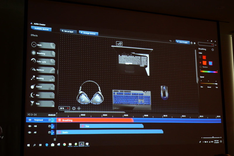 専用ユーティリティ「Aura Creator」で、キーボードや底面イルミネーションに加えて、Aura Sync対応周辺機器と同調したライティング設定が可能