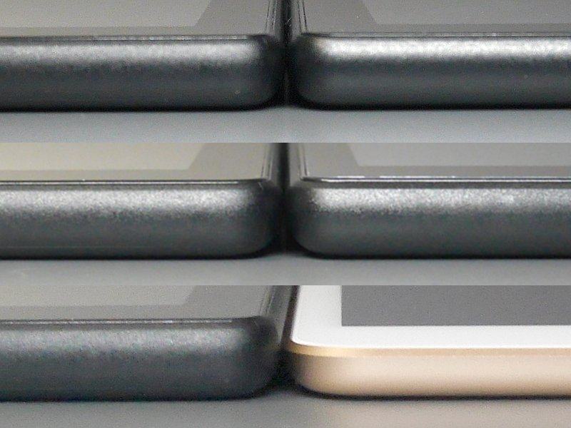 厚みの比較。いずれも左側が本製品、右が上から第7世代モデル、Fire HD 8、iPad mini(第5世代)。決して薄型とは言えない厚みだ