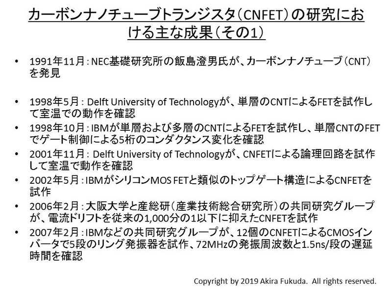 CNFETの研究におけるおもな成果(その1)。筆者がNature Electronics誌の記事「20 years of nanotube transistors(カーボンナノチューブトランジスタの20年)」(https://www.nature.com/articles/s41928-018-0053-9)などを基にまとめた