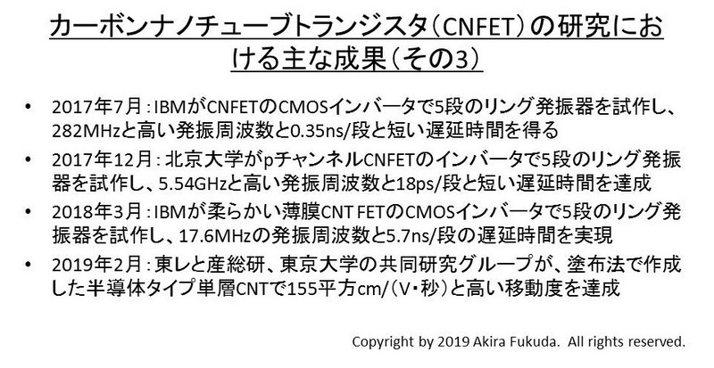 CNFETの研究におけるおもな成果(その3)。筆者がNature Electronics誌の記事「<a href="https://www.nature.com/articles/s41928-018-0053-9" class="n" target="_blank">20 years of nanotube transistors(カーボンナノチューブトランジスタの20年)</a>」などを基にまとめた