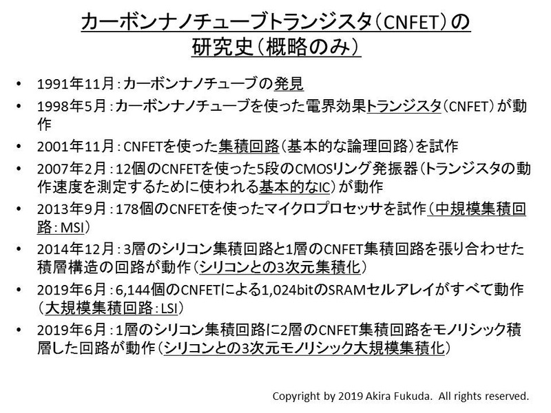 カーボンナノチューブトランジスタ(CNFET)の研究史(概略のみ)。本稿の前編(<a href="https://pc.watch.impress.co.jp/docs/column/semicon/1191481.html" class="n" target="_blank">大規模集積回路の時代に突入したカーボンナノチューブ【前編】</a>)からまとめたもの。なお集積回路(IC)とは複数のトランジスタで構成した回路、中規模集積回路(MSI)とは100個を超えるトランジスタで構成した回路、大規模集積回路(LSI)とは1,000個を超えるトランジスタで構成した回路、とここでは定義している