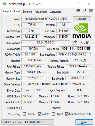 GeForce RTX 2070 SUPERのGPU-Z実行画面