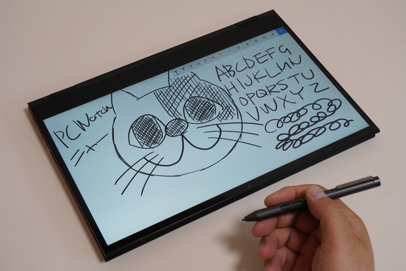 m-Book U400Sの筆圧感知は256段階だが、筆者ぐらいの絵心なら十分実用的。ただしお絵かきソフトで繊細なタッチを表現する描画ツールを使うなら、ほかの2in1を選ぶなり、ペンタブレットを利用しよう