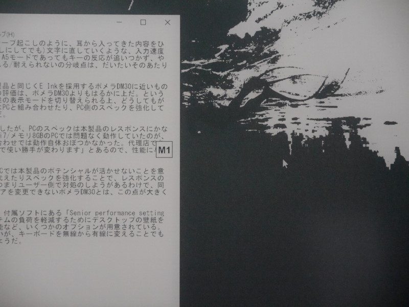 M1(2値)、M2(16階調)、M3(グレースケール)を切り替えたところ。画面の中央にモード名が表示されている