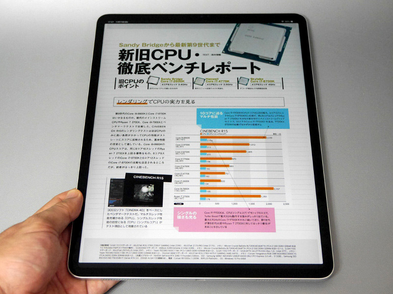 縦画面での単ページ表示。雑誌をほぼ原寸で表示できるのは10型前後のデバイスと比較した場合の強みだ